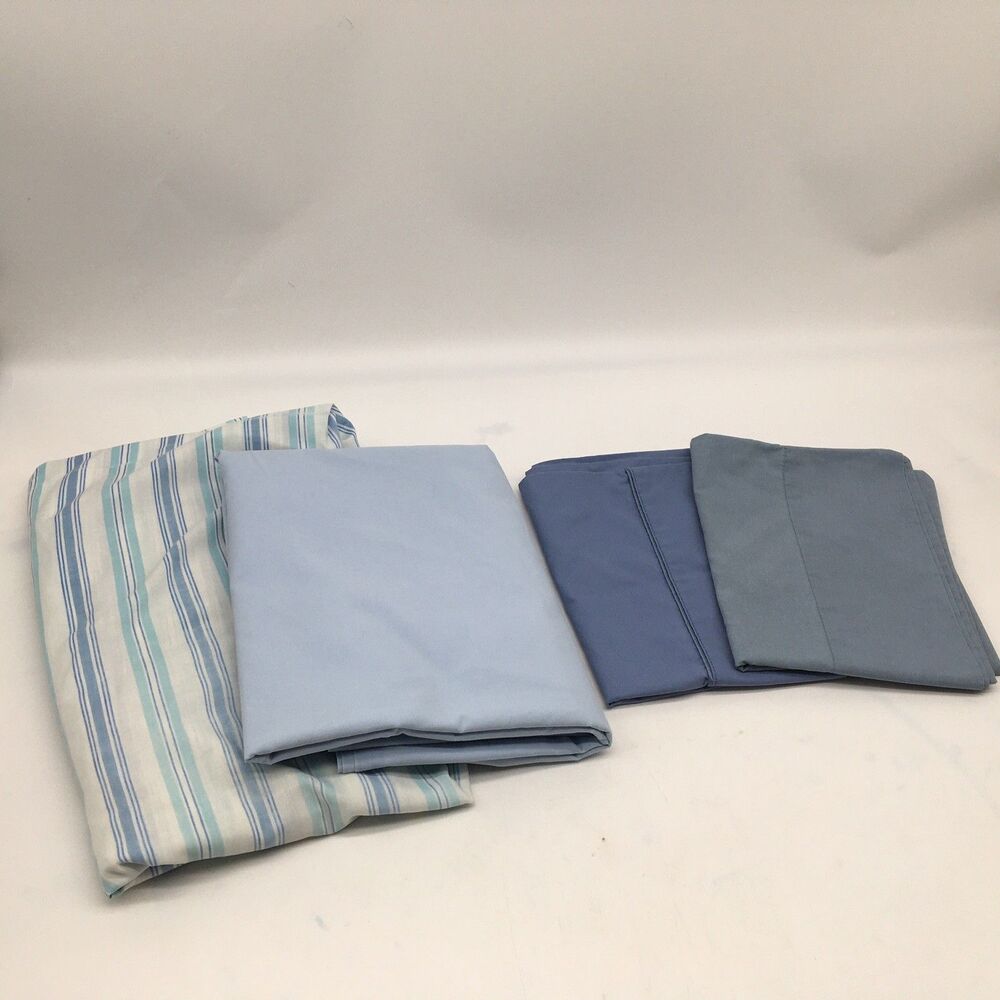 Vtg Blue White Twin Sheet Set Springs Flat Stripe Fitted 2 Pillow Case Mixed Set